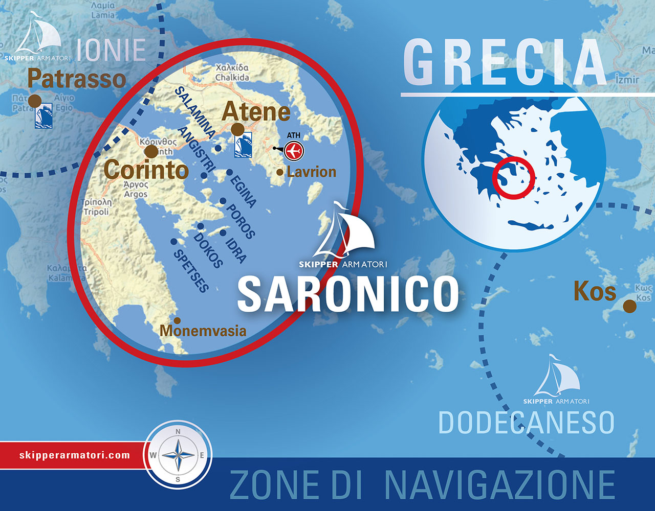 Mappa illustrata delle zone di navigazione per le vacanze in barca a vela nelle Isole di Skipper Armatori. Il focus è su un'area cerchiata che evidenzia il Golfo Saronico in Grecia, con particolare attenzione alle isole di Idra, Egina, Angistri, Poros, Spetses e Dokos, nonché la città di Atene e il vicino porto del Pireo.