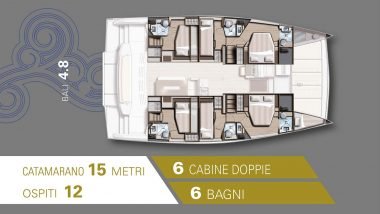 Piantina dettagliata del Bali 4.8 che mostra sei cabine doppie e sei bagni, garantendo una sistemazione lussuosa e spaziosa per 12 ospiti. Questo layout ben progettato offre privacy e comfort, ideale per gruppi grandi che cercano un'avventura in mare con tutte le comodità di casa.