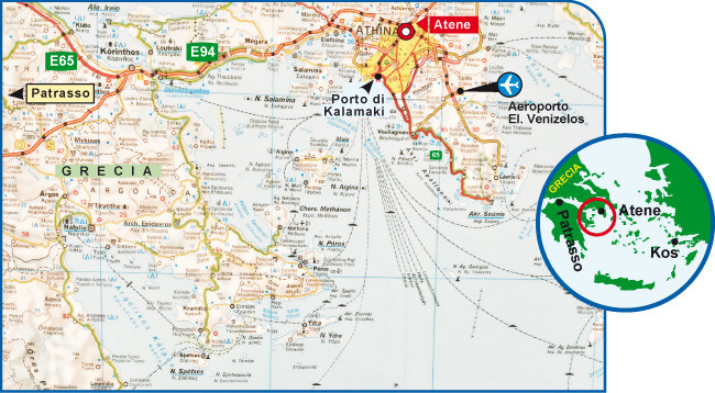 Mappa dettagliata delle vie di trasporto dalla città di Patrasso al porto di Kalamaki e l'aeroporto El. Venizelos ad Atene